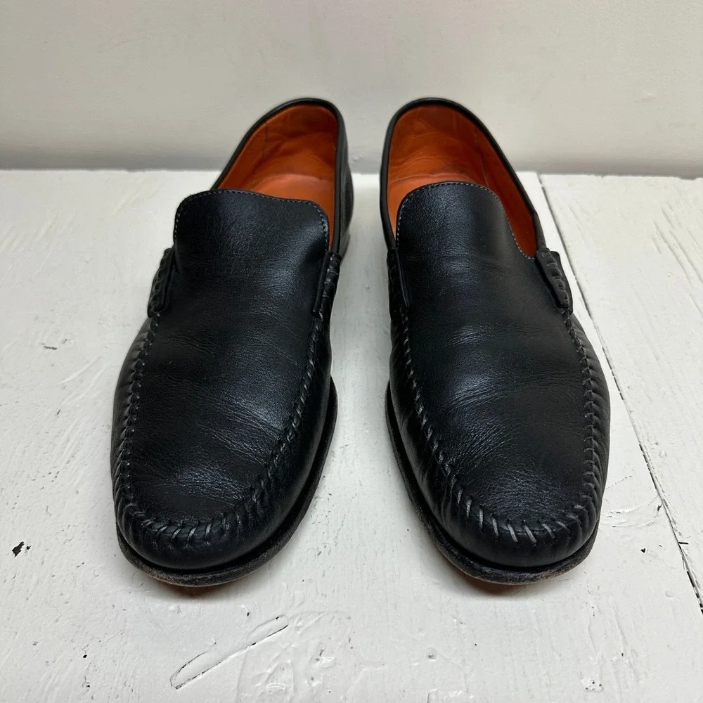 Santoni Mens Black Leather Moc Toe Loafer Dress Driving Shoes Italy Mens 10‎